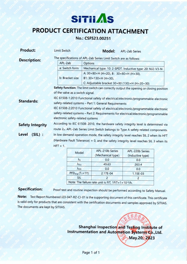 APL-2ab series SIL certificate